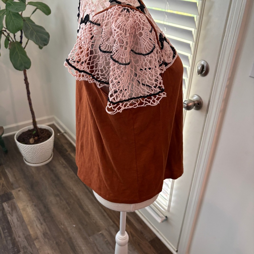 Anthropologie Womens Crochet Lace Flutter Sleeve Top Cotton Burnt Orange Medium - Picture 4 of 15
